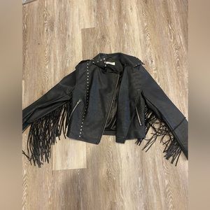 Glamorous black fringe silver studded leather jacket